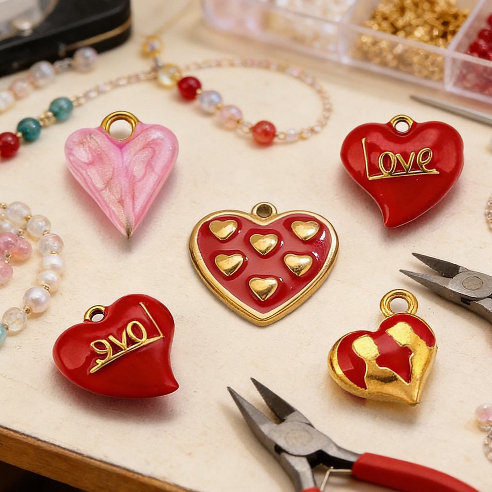 Moon Star Earrings - จี้รูปหัวใจเคลือบสีแดงสแตนเลส 5 ชิ้น สำหรับทำสร้อยคอ ต่างหู จี้ทอง