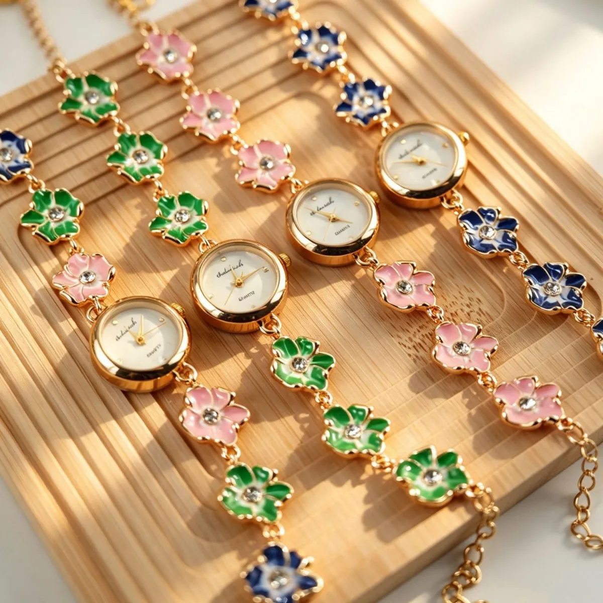 Jewelry Watches Silver - นาฬิกาข้อมือผู้หญิงแบบสายโซ่ลายดอกไม้เคลือบเงา หน้าปัดกลมเล็ก นาฬิกาควอตซ์ ดีไซน์น่ารัก ประดับด้วยคริสตัลลายดอกไม้ สายปรับระดับได้