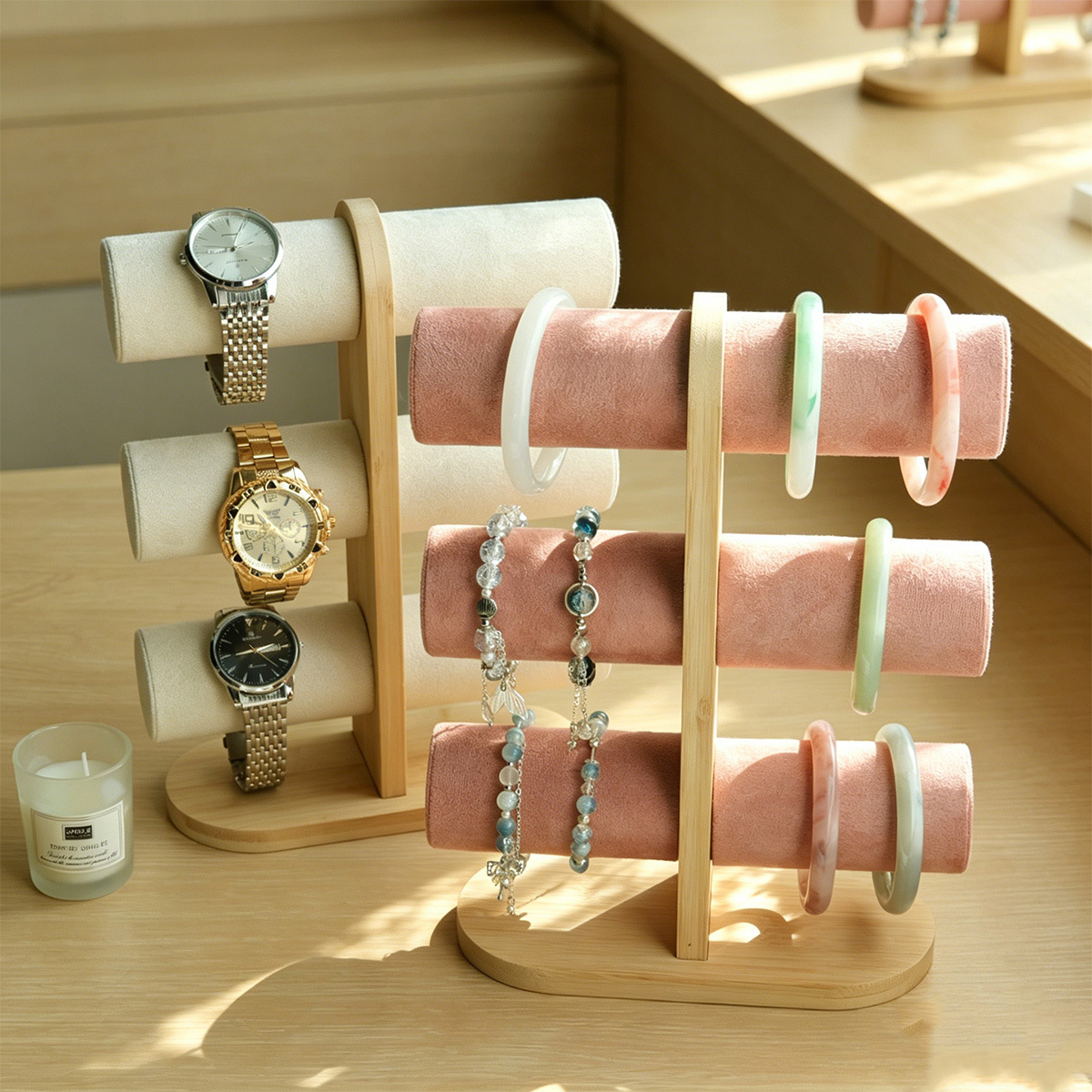 Jewelry Shop Watches - ชั้นวางโชว์นาฬิกาและกำไลข้อมือไม้ไผ่ 3 ชั้น ที่เก็บเครื่องประดับ 3 ชั้น