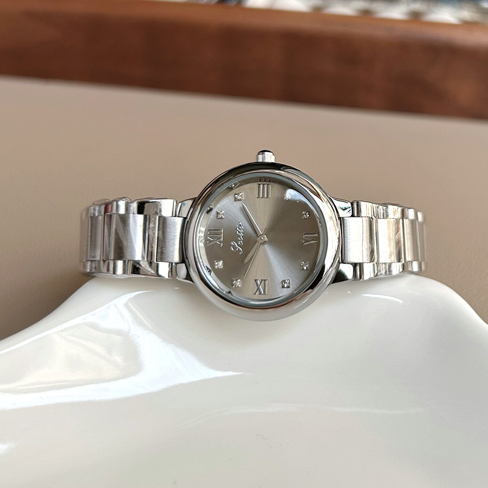 Jewelry Watches Silver - นาฬิกาข้อมือผู้หญิงกันน้ำ สายเหล็กสีเงินเทา หน้าปัดวงกลมประดับเพชรเทียม ควอตซ์ หรูหรา ของขวัญเครื่องประดับสำหรับผู้หญิง