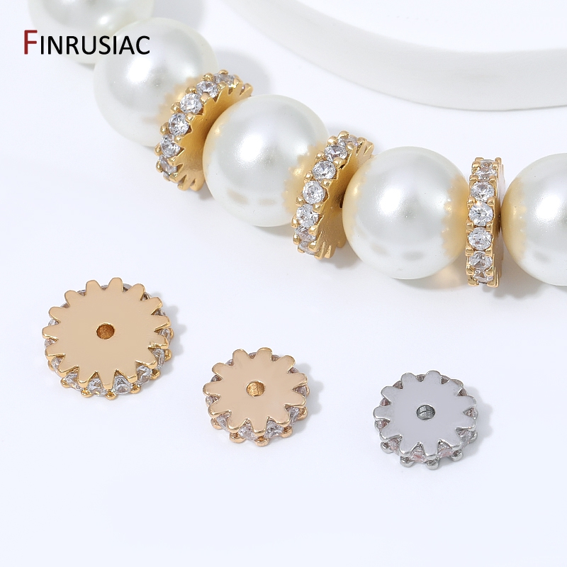Pearl Necklace - ลูกปัดตัวคั่นทรงเกียร์ชุบทอง 18K ทำจากทองเหลืองประดับเพชรเซอร์คอน, ลูกปัดแบนทรงรอนเดลสำหรับงาน DIY สร้อยข้อมือไข่มุก