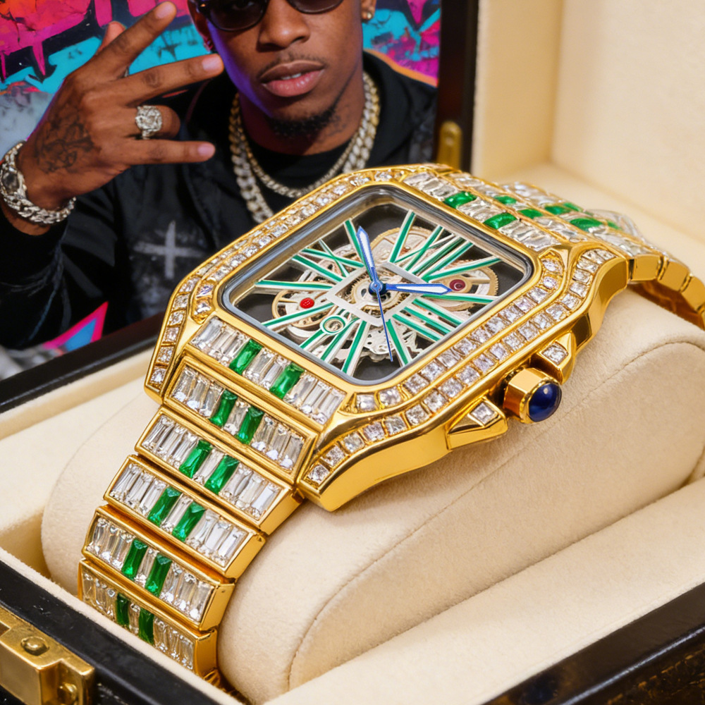 Jewelry Watches Brands - นาฬิกาข้อมือควอตซ์หรูหราประดับเพชรเต็มหน้าปัด แฟชั่นสุดฮิตสำหรับผู้ชาย แบรนด์ฮิปฮอป ดีไซน์สี่เหลี่ยม พร้อมบริการดรอปชิปปิ้ง