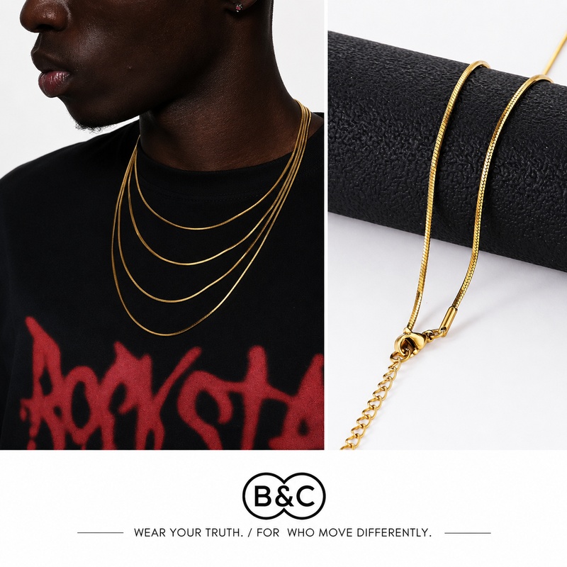 Hip Hop Chain Necklace - สร้อยคอผู้ชายแบบโซ่ลายงูทรงแปดเหลี่ยม สีทอง ขนาด 1.2 มม. ทำจากสแตนเลส
